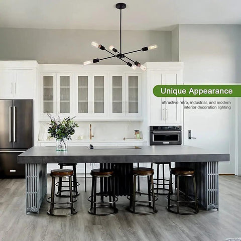 Black Sputnik Chandelier With 6 Lights, Dope Modern Industrial Ceiling Light For Dining Room above kitchen island