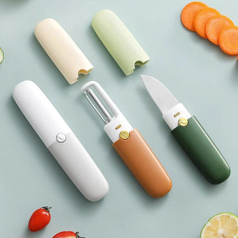Stainless Steel Fruit Peeling Knife With Double Head For Kitchen And Outdoor Use Portable Peeler Green Handle, knives and covers.