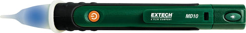 Side view of Extech MD10 non-contact magnet detector and flashlight, green pocket-sized tool with blue LED at tip