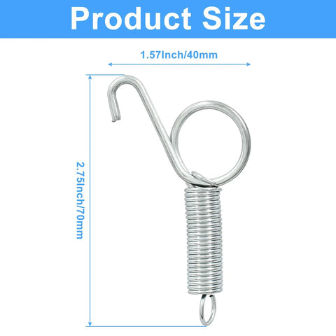 Front view of silver metal spring latch hook for pet doors; 2.75in tall, coil body, top curved hook, bottom loop.