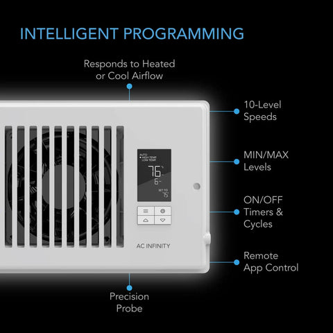 4x12 Register Booster Fan With Bluetooth App Control, 10 Quiet Speeds, Heating And Cooling Airflow Enhancer display and controls