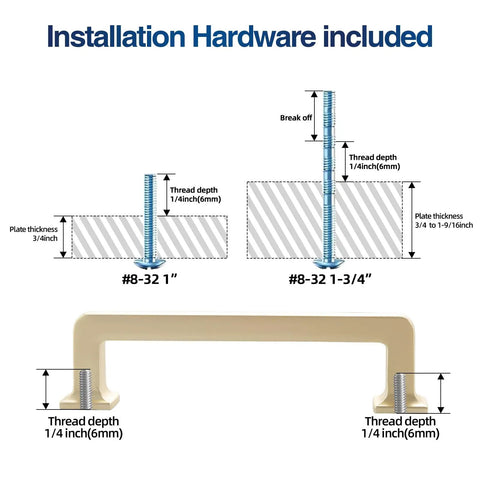 Diagram of installation hardware for Brushed Gold Cabinet Pulls 3-3/4 Inch Hole Center, including screws and thread specs.