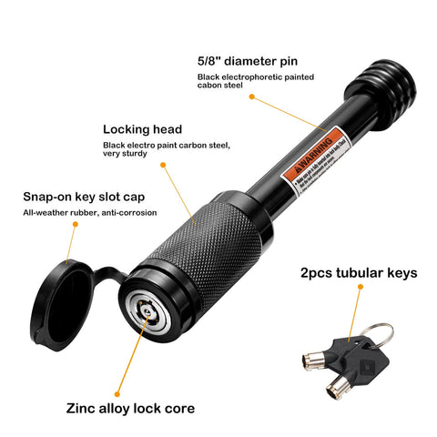 Heavy Duty Five Eighth Inch Hitch Receiver Lock Pin For Two Inch And Two And A Half Inch Hitches Class III And IV No Nonsense Security For Trailer Bike Rack Tow Rope Truck Boat And More 1 Pack, showing zinc alloy lock core, snap-on cap, and tubular keys.