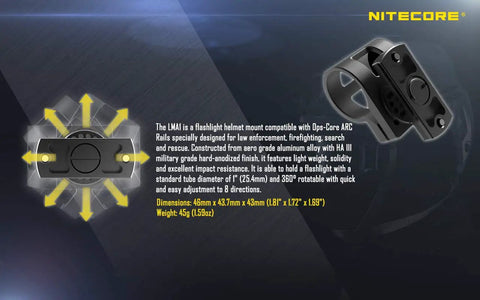 920 Lumen ARC Rail Tactical Helmet Light Rechargeable Rotary Mount With Red Light 360 Degree Rotation Eight Position Lock One Hand Operation For Ops-Core ARC Helmets, close-up of rotary mount and directional arrows on black background.