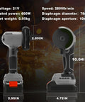 Side view of Cordless Brushless Angle Grinder Kit With Dual 21V 2000mAh Batteries For Beast Mode Power On The Go 28000 RPM High Speed Mini Electric Grinder For Metal And Wood Includes 6 Cutting Discs And Quick Charger, showing size and specs.