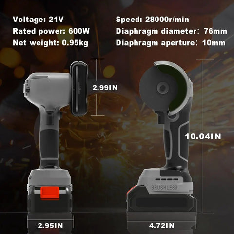 Side view of Cordless Brushless Angle Grinder Kit With Dual 21V 2000mAh Batteries For Beast Mode Power On The Go 28000 RPM High Speed Mini Electric Grinder For Metal And Wood Includes 6 Cutting Discs And Quick Charger, showing size and specs.