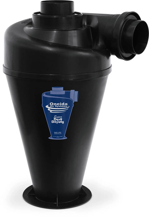 Black cyclone attachment product image, labeled "Ultimate Cyclone Attachment For Single Stage Dust Collectors 0.5 To 3HP"