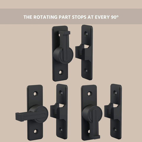 90 Degree Zinc Alloy Barn Door Lock Latch, Heavy Duty Security Lock For Bathroom Garage Bedroom And Cabinet, Easy Turn Latch With Corrosion Resistant Finish, Built For Indoor Outdoor Durability, Black, front and side views