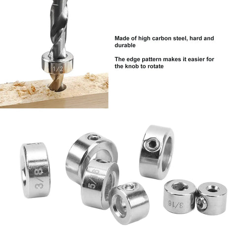 Depth Stop Collar Drill Bit Kit 7 Piece Set with 1/2in collar attached to drill bit, high carbon steel, precise depth control