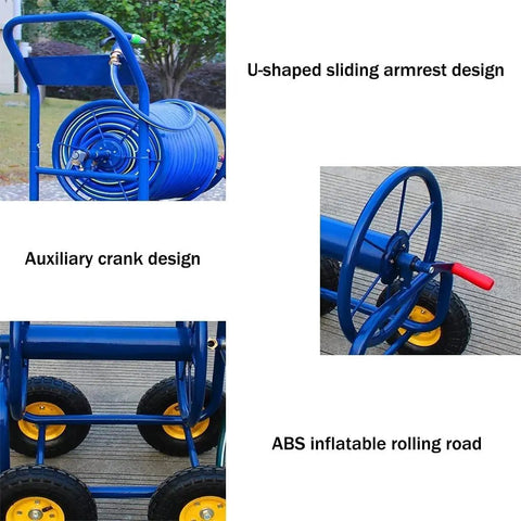 Heavy Duty Garden Hose Reel Cart On Smooth Rolling Wheels, Built Tough For zero fuss setup, with ABS inflatable wheels and crank design.