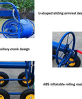 Heavy Duty Garden Hose Reel Cart With Fifty Meter Hose, showing U-shaped armrest, auxiliary crank, and ABS wheels.