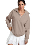 Oversized Fleece Lined Half Zip Sweatshirt With Pocket For Cozy Warmth And Comfort, Long Sleeve Pullover Ideal For Winter Outfits Coffee Gray X Large Casual Everyday Going Out Top worn with white skirt
