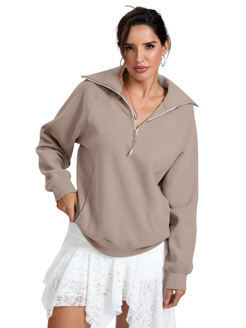 Oversized Fleece Lined Half Zip Sweatshirt With Pocket For Cozy Warmth And Comfort, Long Sleeve Pullover Ideal For Winter Outfits Coffee Gray X Large Casual Everyday Going Out Top worn with white skirt