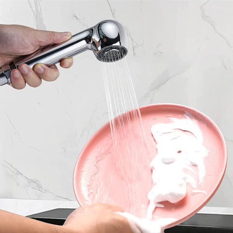 Pull Out Sink Sprayer Head Replacement With Two Spray Modes For Kitchen Faucets Fits G One Half Inch Or Thirteen Sixteenth Inch Thread Chrome Finish spraying water on a dish