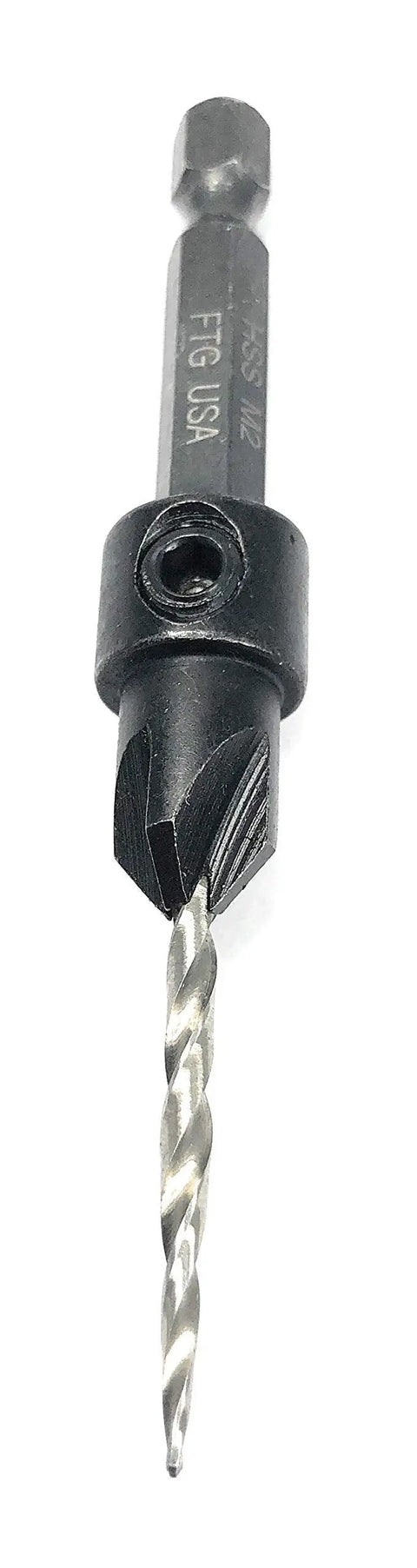 Pro Shop Ready Number 4 Adjustable Tapered Wood Countersink Drill Bit Forged From Rock Hard HSS M2 High Speed Steel with hex shank visible.