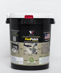 FastPatch 5-gallon bucket labeled for concrete repair with images showcasing repair process and product details.