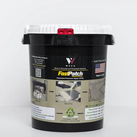 FastPatch 5-gallon bucket labeled for concrete repair with images showcasing repair process and product details.