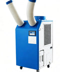 Heavy Duty Portable Air Conditioner 18,700 BTU Industrial Spot Cooler with dual hoses for direct air cooling, blue steel design.