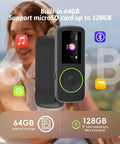 64GB Sport Clip On MP3 Player With Bluetooth 5.3 Ultra Light Mini Clip On Recorder, close-up of the device with icons and text.