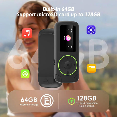 64GB Sport Clip On MP3 Player With Bluetooth 5.3 Ultra Light Mini Clip On Recorder, close-up of the device with icons and text.