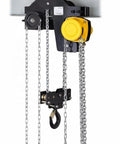Portable 3 Ton Mini Chain Hoist Built With Slick Gears And Kickass Steel Chains For Tight Low Headroom Shops with yellow pulleys.