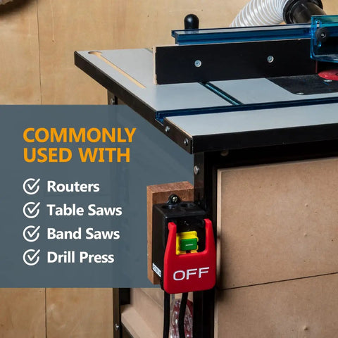 No Sweat Workshop Rig 120V Magnetic Knee Activated Emergency Stop Switch With 5.5 Foot Cord For Table Saws Router Tables Drill Presses Hands Free Controls mounted on a workbench.