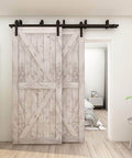 Heavy Duty Bypass Sliding Barn Door Hardware Kit For Low Ceiling Spaces, 12 Foot Double Track System Fits 72 Inch Wide Double Wooden Doors, J Shape Hangers, Steel Rails, Nylon Rollers, Anti Rust Design, Supports Up To 220 Lbs Inside Door installed in modern room