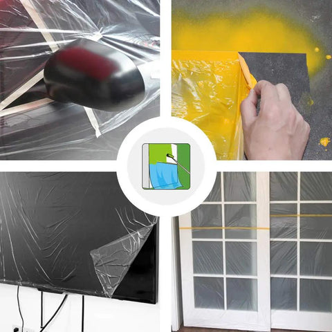 Tape And Drape Set For Automotive Painting Coverage applied on various surfaces, showing tear-resistant film protecting car, wall, and door.