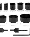 11 Piece Hole Saw Kit With Mandrel And Hex Key, Three Quarters To Two And A Half Inch Cutters, Round Hole Drill Bit Set For Wood Plastic Drywall PVC, Includes 2 Mandrels, Easy To Use, Portable Box, Heavy Duty Performance.