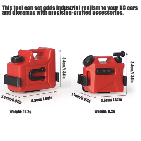 2 Pack Mini RC Fuel Tank Set For 1 To 16 Scale RC Cars And Static Models; red ABS plastic tanks with measurements and weights.