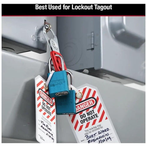 Aluminum Padlock One And A Half Inch Wide Body With Blue Anodized Finish Corrosion And Spark Resistant OSHA Compliant Lock in use