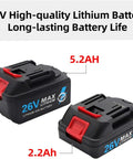 Beast Mode 26V Cordless Electric Rivet Gun battery pack with 5.2Ah and 2.2Ah capacities for extended use in power tools.