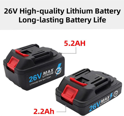 Heavy Duty Cordless Electric Rivet Nut Gun 26V Rechargeable Handheld Power Tool With Two 2200 Mah Batteries, 5.2AH and 2.2AH batteries.