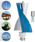 Two Blade 100W Vertical Axis Wind Turbine Kit With Controller For Home Wind Power System DIY Ready Durable Aluminum Blades 12V Output White And Blue Finish Ideal For Home Small Business And Industrial Use, shown installed in various settings with a focus on the front view of the turbine.