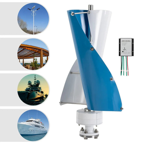 Two Blade 100W Vertical Axis Wind Turbine Kit With Controller For Home Wind Power System DIY Ready Durable Aluminum Blades 12V Output White And Blue Finish Ideal For Home Small Business And Industrial Use, shown installed in various settings with a focus on the front view of the turbine.