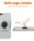 Slick Grip Zinc Alloy Cell Phone Ring Holder With Smooth 360 Rotation Double Fold Finger Kickstand And Rock Solid Desktop Stand Universal Compatibility Silver Edition Drop Guard shown on a phone with adjustable angles.