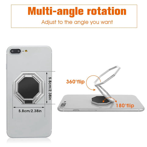 Slick Grip Zinc Alloy Cell Phone Ring Holder With Smooth 360 Rotation Double Fold Finger Kickstand And Rock Solid Desktop Stand Universal Compatibility Silver Edition Drop Guard shown on a phone with adjustable angles.