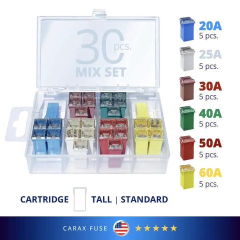 Glow When Blown LED Auto Fuse Kit Premium Fuse Cartridge Tall Standard Fuses Mix Kit 30 Pcs in open case with labels