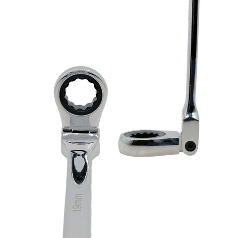 Extra Long Gear Ratcheting Wrench Set 12 Piece 8mm To 19mm Chrome Vanadium Steel Rotatable Head close-up showing 19mm size
