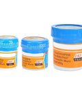 Three jars of Professional Solder Paste For Electronics Pros And Diyers 183C Melting Point High Viscosity For Strong Electrical Connection And Durable Metal Joining In Soldering Projects, varying sizes, with blue lids.