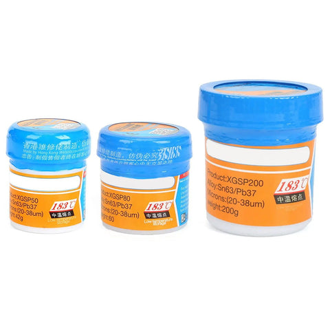 Three jars of Professional Solder Paste For Electronics Pros And Diyers 183C Melting Point High Viscosity For Strong Electrical Connection And Durable Metal Joining In Soldering Projects, varying sizes, with blue lids.