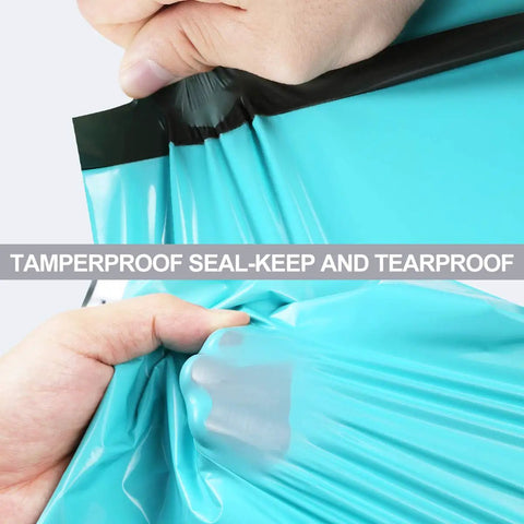Teal Non Padded Poly Mailers 60 Pack Self Sealing Variety Pack With Five Sizes shown with tearproof feature.
