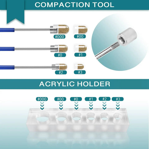 Ergonomic compaction tool with acrylic holder, part of Filling Tool Kit For Home And Lab Use With Micro Funnels And Lab Scoops