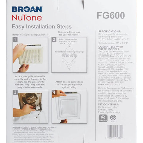 Back of FG600 Grille Upgrade packaging with installation instructions for quick no fuss 5 minute install plug and play pass through wiring corrosion resistant grille replacement for bathroom vent fans.