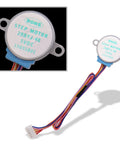 Front/angled view of a 28BYJ-48 5V stepper motor with multicolor wires and white connector