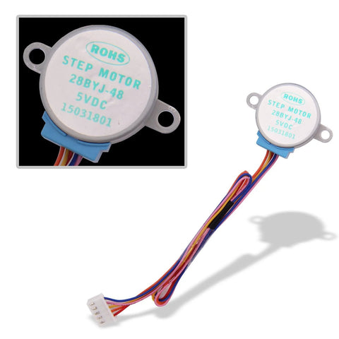 Front/angled view of a 28BYJ-48 5V stepper motor with multicolor wires and white connector