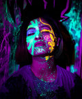 Face painted with neon colors under Dual Head UV Light With USB Power, 395nm to 405nm Dimmable Black Light Lamp, glow effect