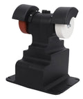 Cordless Mini Bench Grinder Battery Powered With Heavy Duty Copper Motor And Dual Grinding Stones angled view of black base and grinding wheels
