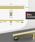 24 Inch Linear Shower Drain Kit With Reversible 2 In 1 Cover Tile Insert Grate And Removable SUS304 Stainless Steel Brushed Gold Finish CUPC Certified Works With Standard US No Hub Drain Base showing dimensions