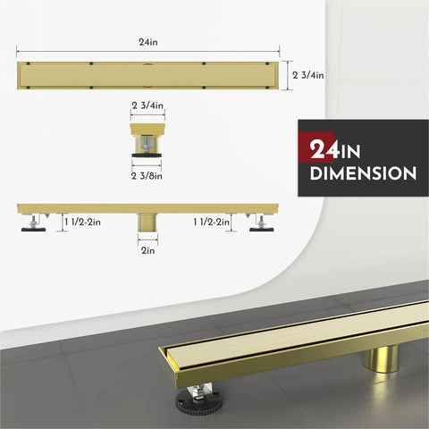 24 Inch Linear Shower Drain Kit With Reversible 2 In 1 Cover Tile Insert Grate And Removable SUS304 Stainless Steel Brushed Gold Finish CUPC Certified Works With Standard US No Hub Drain Base showing dimensions